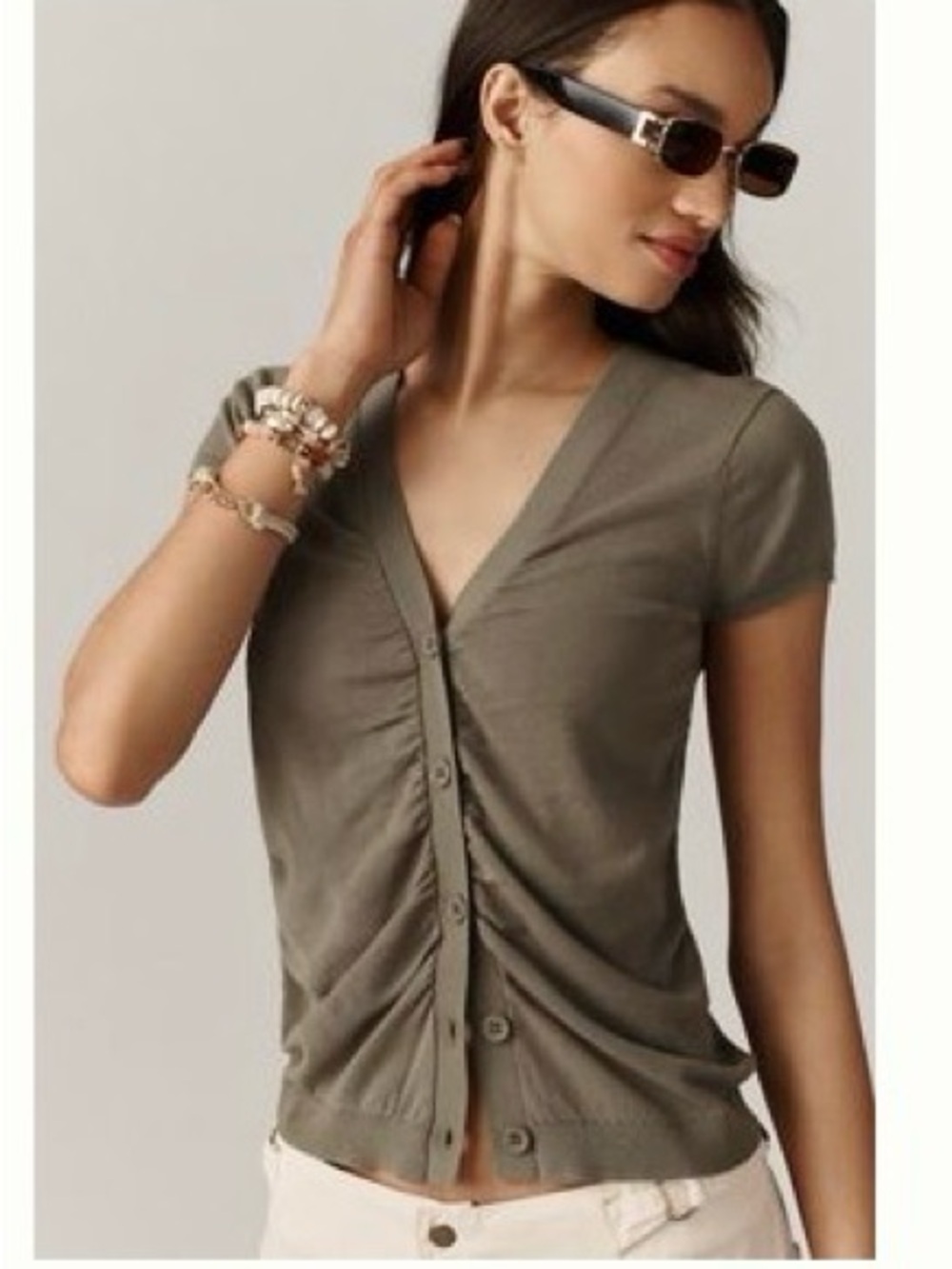Anthropologie Olive Short-Sleeve Ruched Button-Front Top